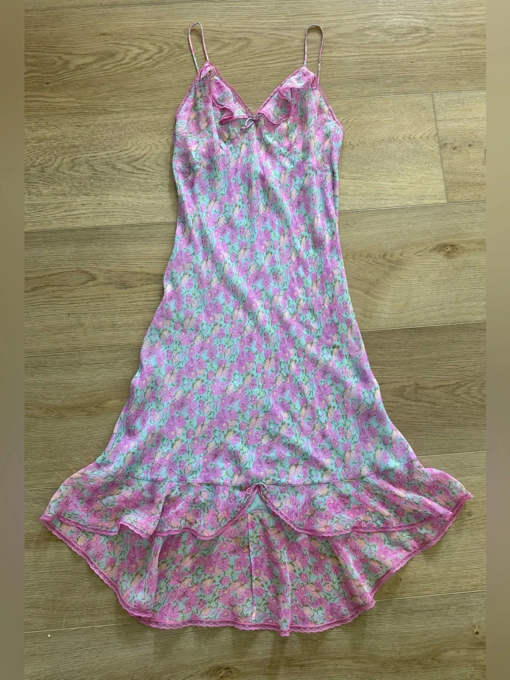 Y2K Sheer Floral Slip Dress Pink Mint Fairy Coquette Small